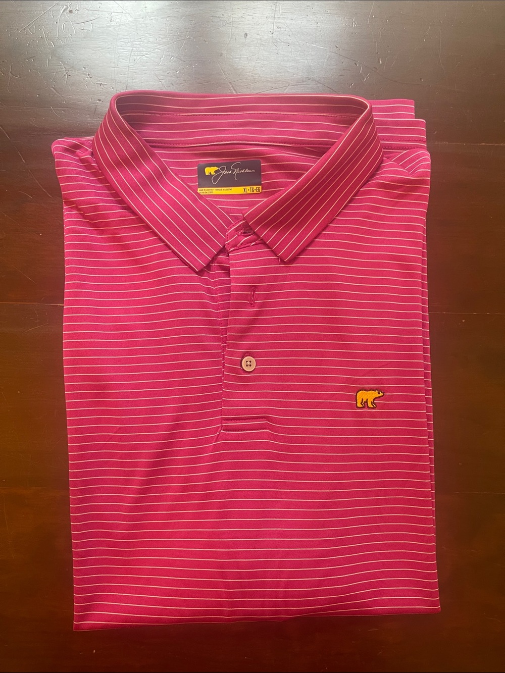 Jack Nicklaus Raspberry Pink Striped GOLF Polo with Yellow Bear Logo